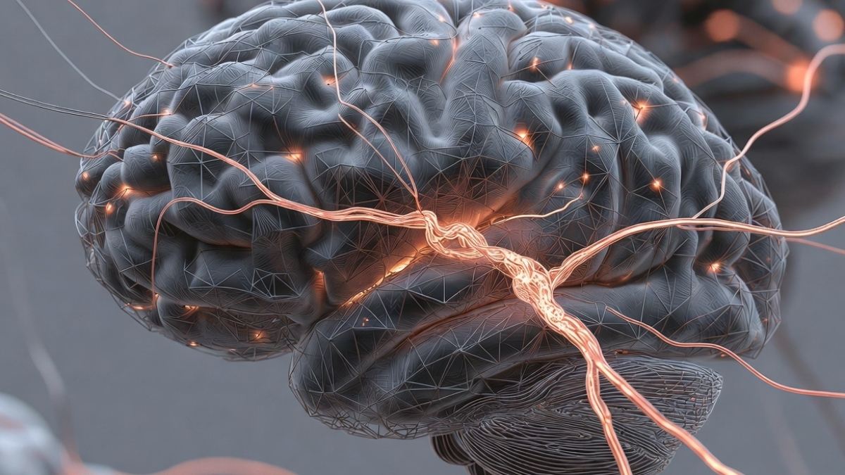 Abstract illustration representing PTSD medication for veterans — brain with neural pathways illuminated against a dark background.