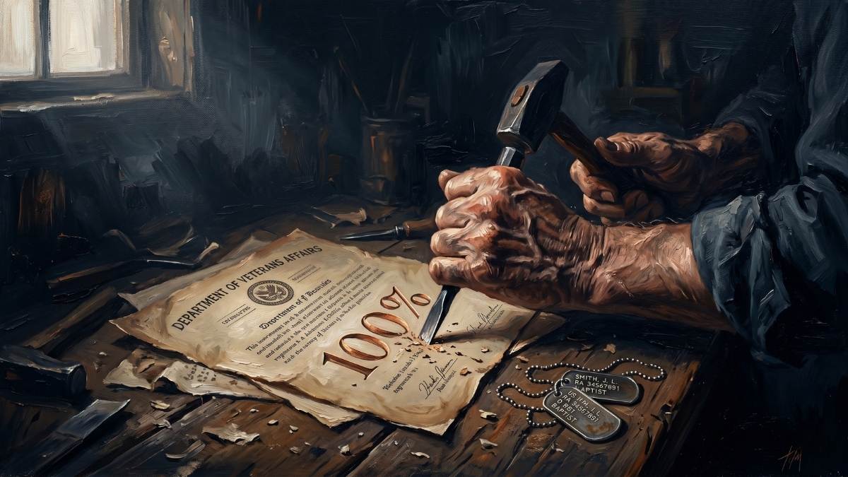 Oil painting of hands holding a hammer and chisel over a VA disability document with dog tags on a dark wooden surface — representing how a 100 PTSD rating is built through deliberate action, not luck.