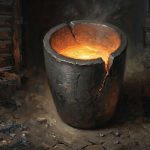 Oil painting of a cracked iron crucible with glowing ore on a forge floor — trauma therapy and substance use in veterans