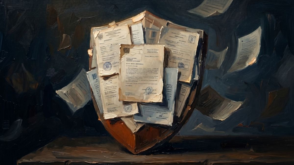 Abstract oil painting of layered clinical documents forming a shield shape representing the VA DoD suicide risk guideline