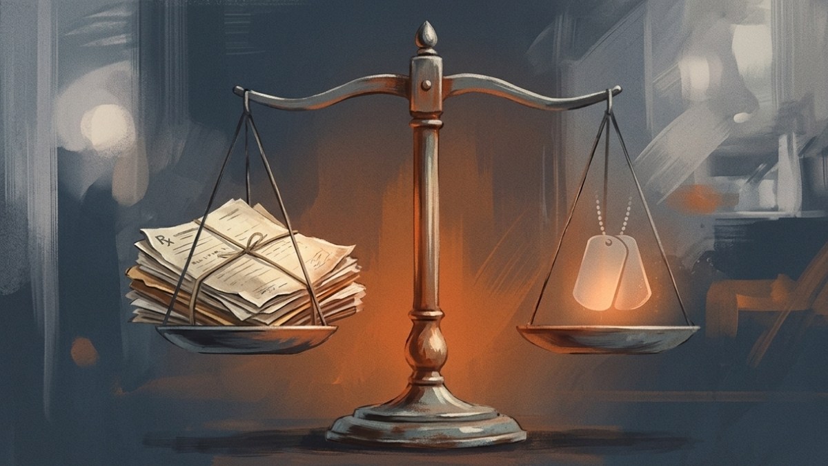Abstract illustration representing PTSD disability rating — balance scale weighing medical documents and military service tokens.