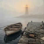 Oil painting of a wooden rowboat at a stone pier with a lighthouse through morning fog — how long PTSD treatment takes for veterans