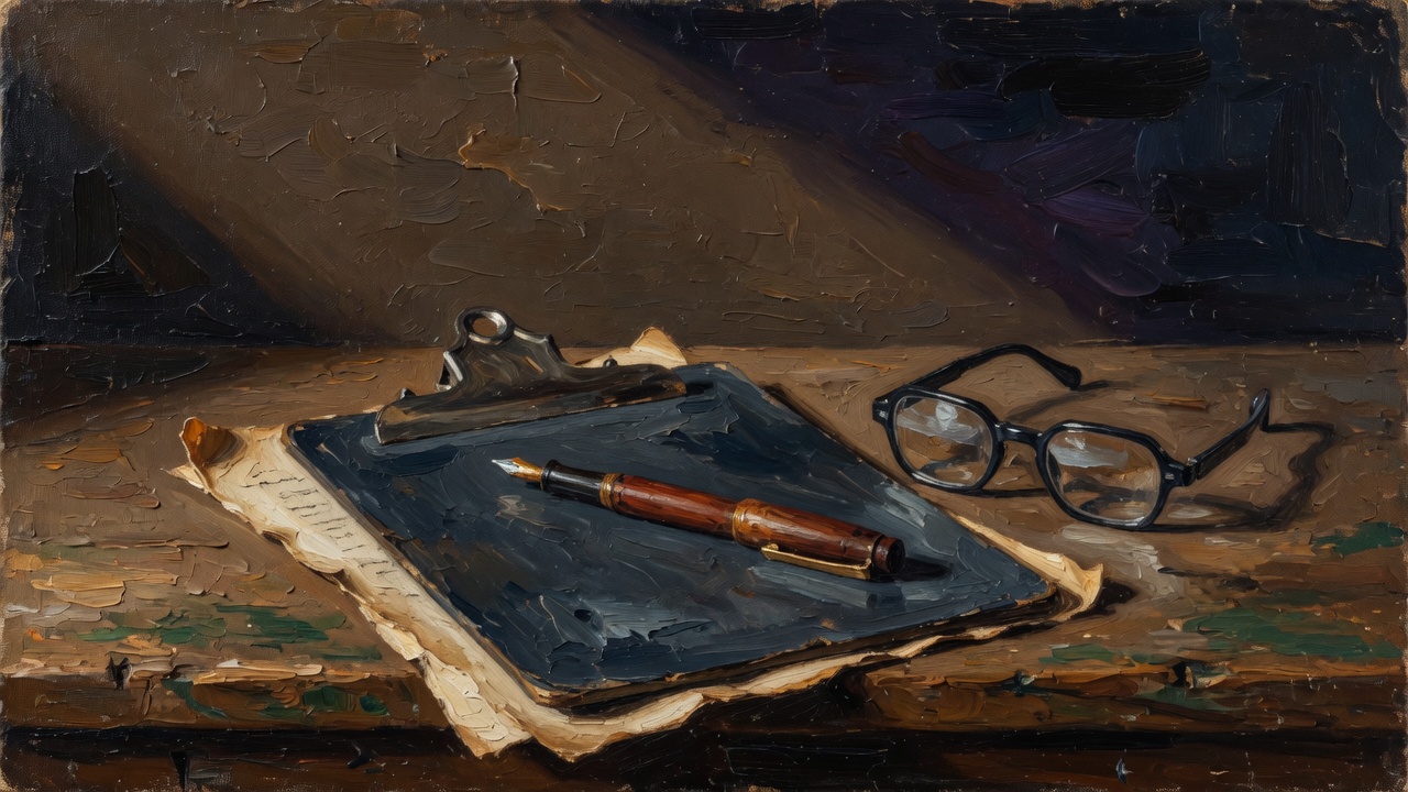 Abstract illustration representing C&P exam PTSD preparation — a folder, reading glasses, and pen arranged on a clean desk.