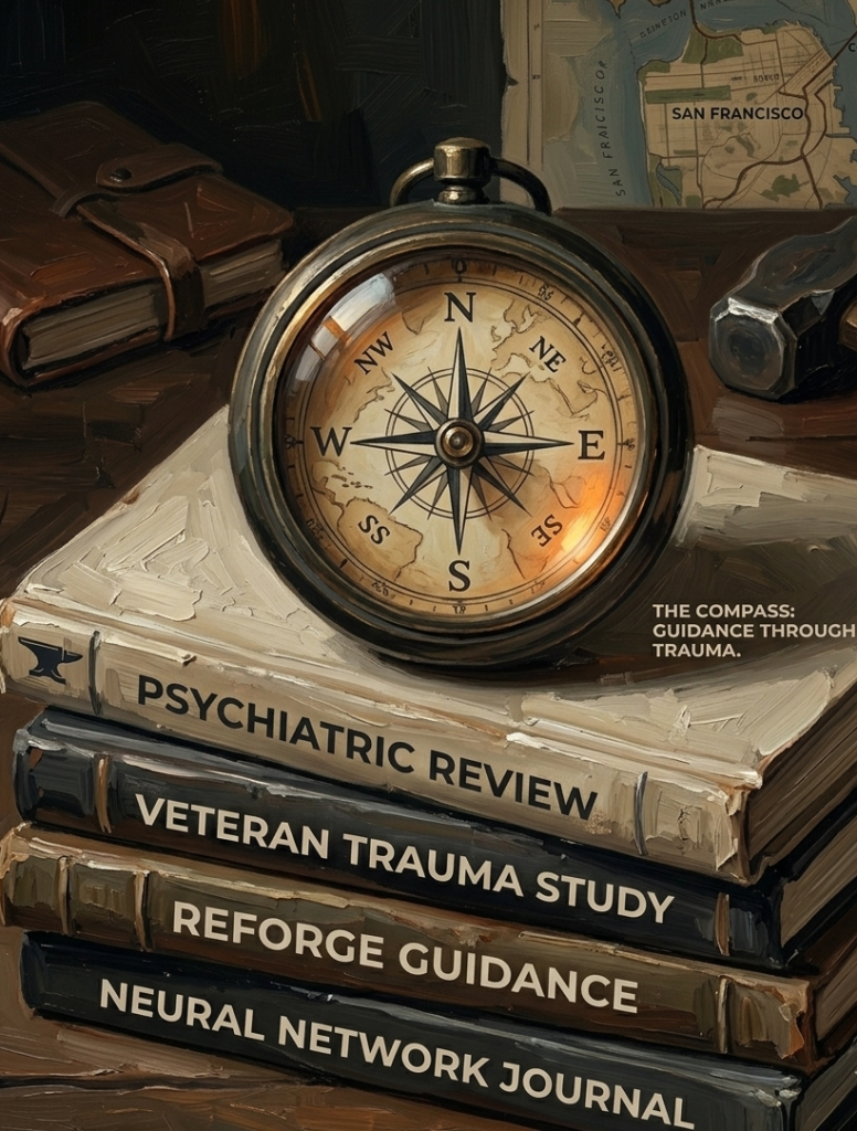 Brass compass on stacked psychiatric research books, symbolizing precision guidance through trauma treatment