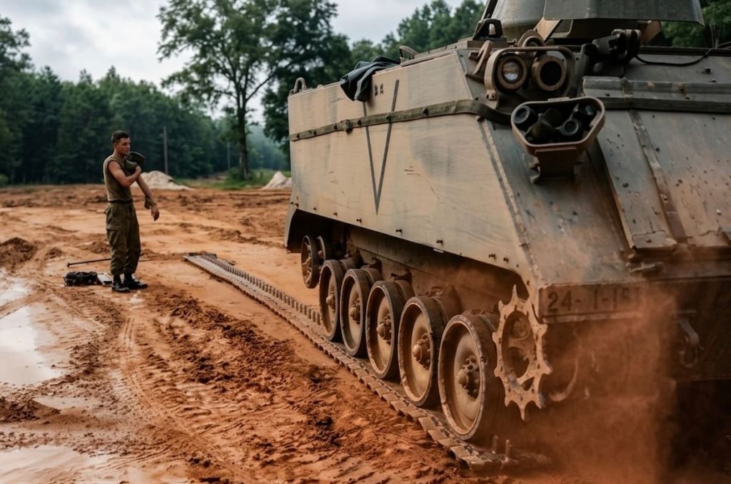 U.S. Army infantryman repairing a broken track on an armored personnel carrier during field training at Fort Stewart GA