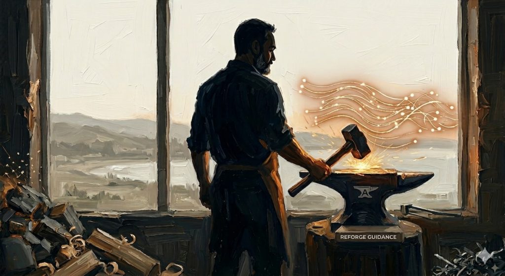 Reforge anvil with flame, representing the forging of collaborative psychiatric care