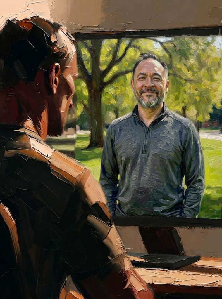 Psychiatric nurse practitioner on a telehealth monitor during a virtual appointment with a veteran, oil painting style