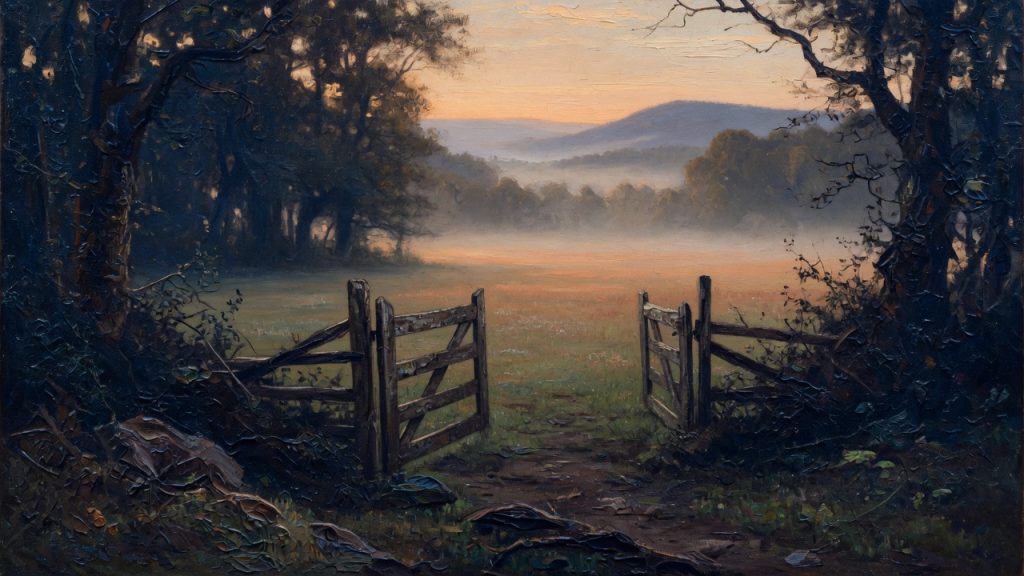 Oil painting of an open farm gate at the edge of dark woods opening onto a misty dawn valley — PTSD treatment for veterans guide by Reforge Psychiatry